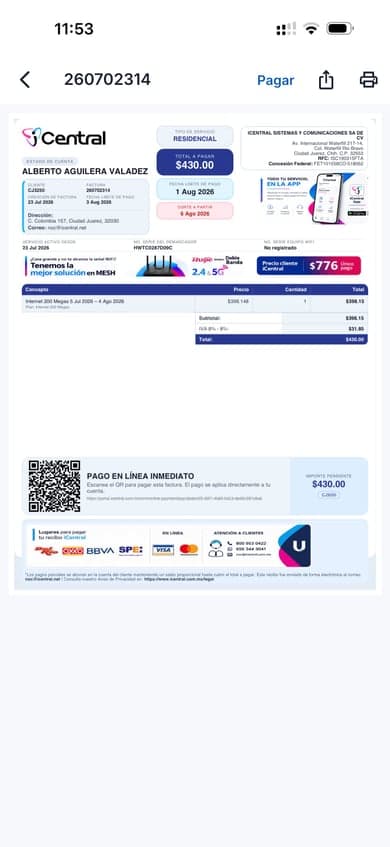 Factura en la app iCentral.